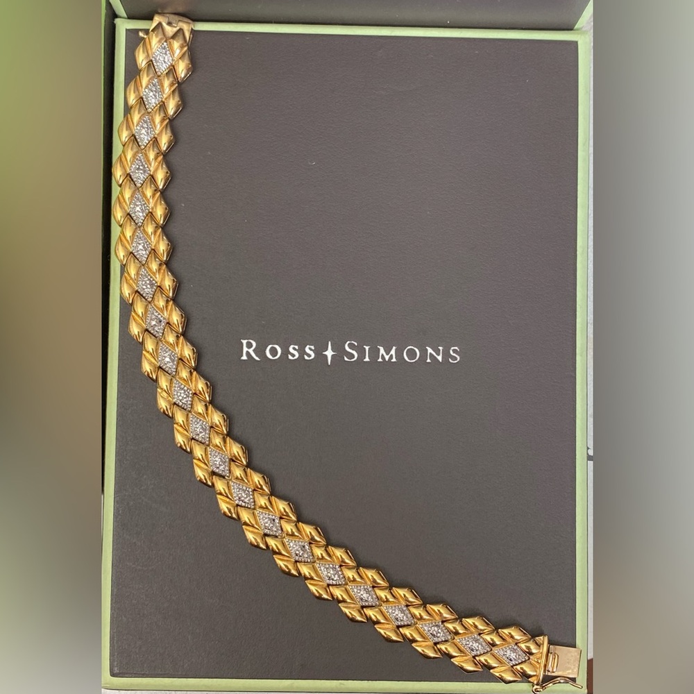 Ross Simons 18kt gold over 925 Sterling Silver lozenge link Diamond Bracelet 7”